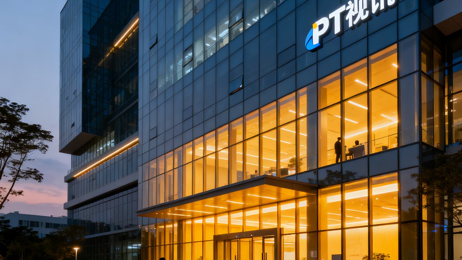 PT视讯公司总部办公楼外景，一座现代玻璃幕墙建筑矗立在深圳科技园，傍晚时分暖色灯光透过落地窗洒在门前广场上，员工三两进出，建筑侧面有PT视讯品牌标识