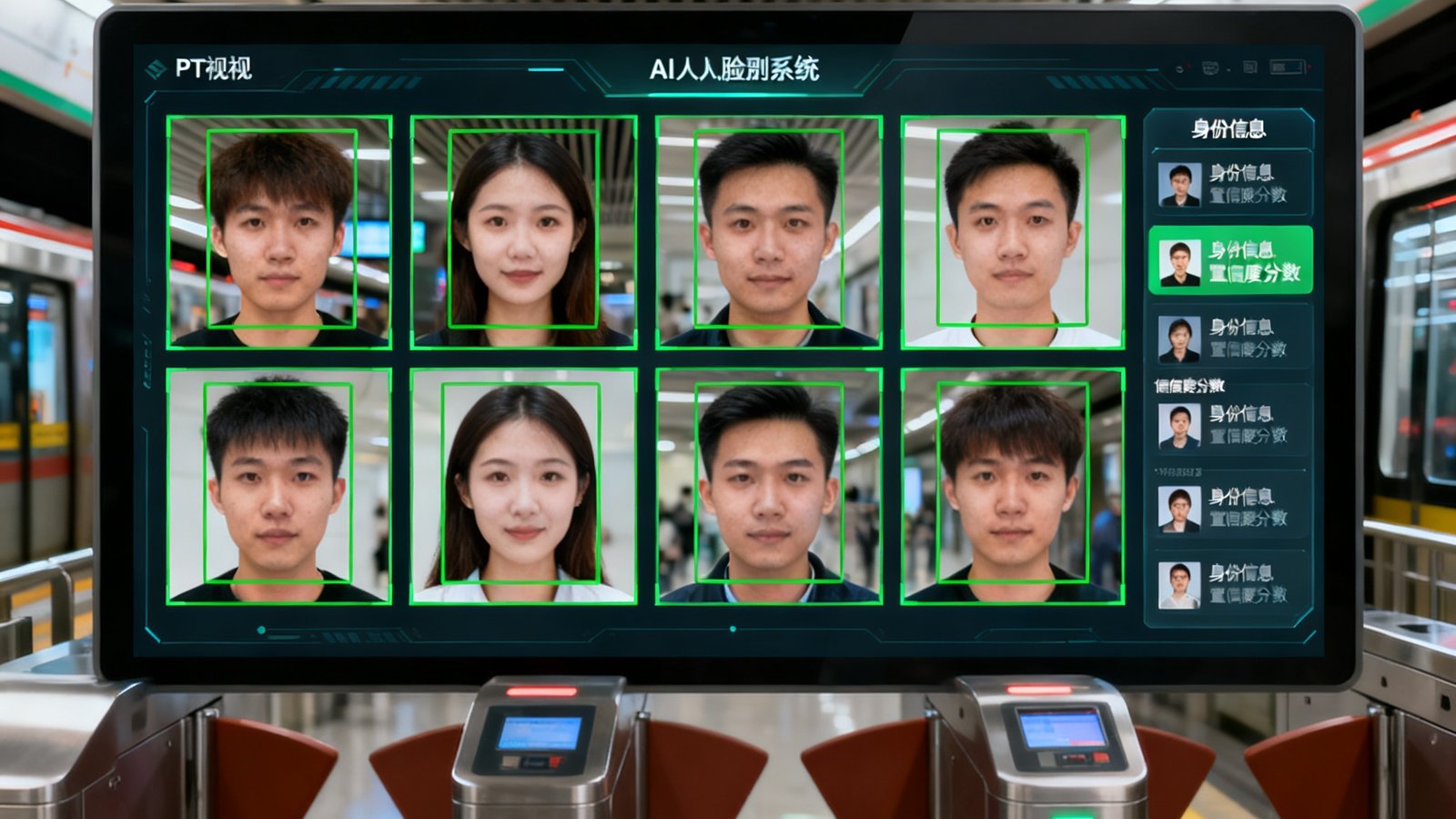 PT视讯AI人脸识别系统操作界面，屏幕上同时捕捉到8张人脸并用绿色边框标记，右侧面板显示每张人脸对应的身份信息和置信度分数，背景为地铁站闸机口实景
