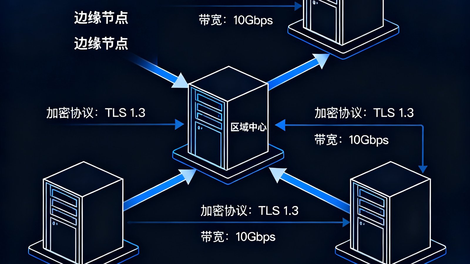 PT视讯视频云存储数据中心架构示意图，展示三地机房冗余备份拓扑，数据流从边缘节点汇聚至区域中心再同步到异地灾备中心，每条链路标注了加密协议和带宽参数