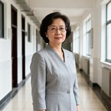 广州某中学校长王校长的半身照片，她戴着眼镜，身穿浅灰色职业装，背景是学校教学楼走廊